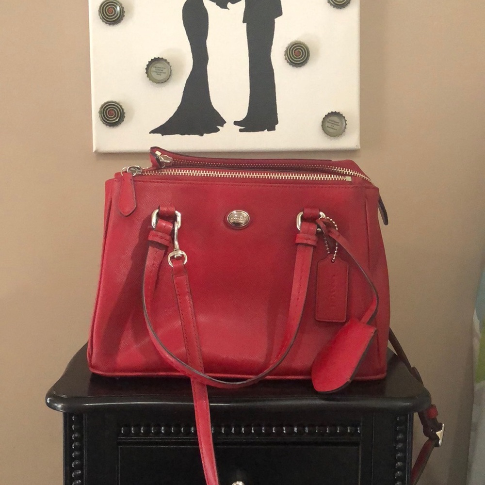 Coach Peyton Leather Red Mini Double Zip